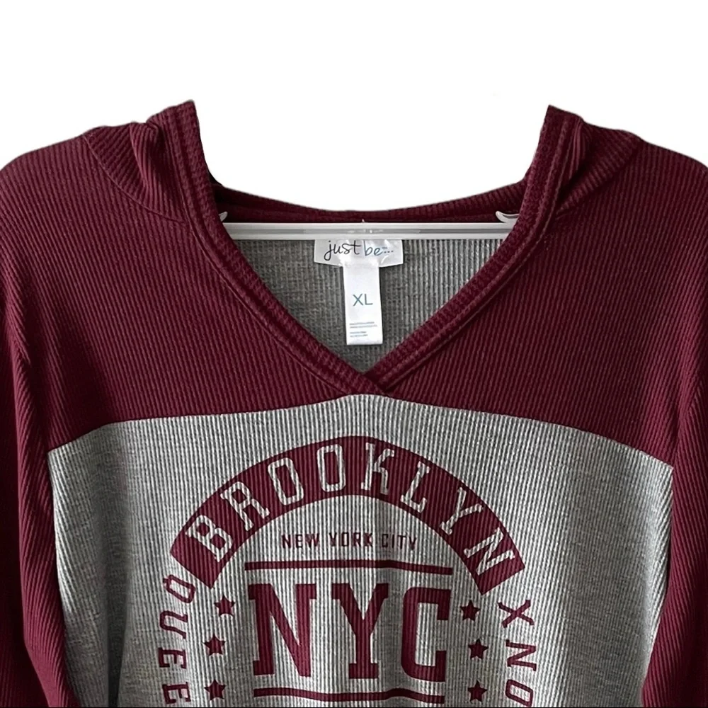 just be NYC Thermal Football Style V-neck Hooded Long Sleeve Shirt - Picture 5 of 16